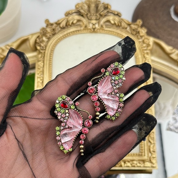 Vintage Butterfly Statement Earrings - Pink, Green & Red Crystal Accents - Picture 3 of 8